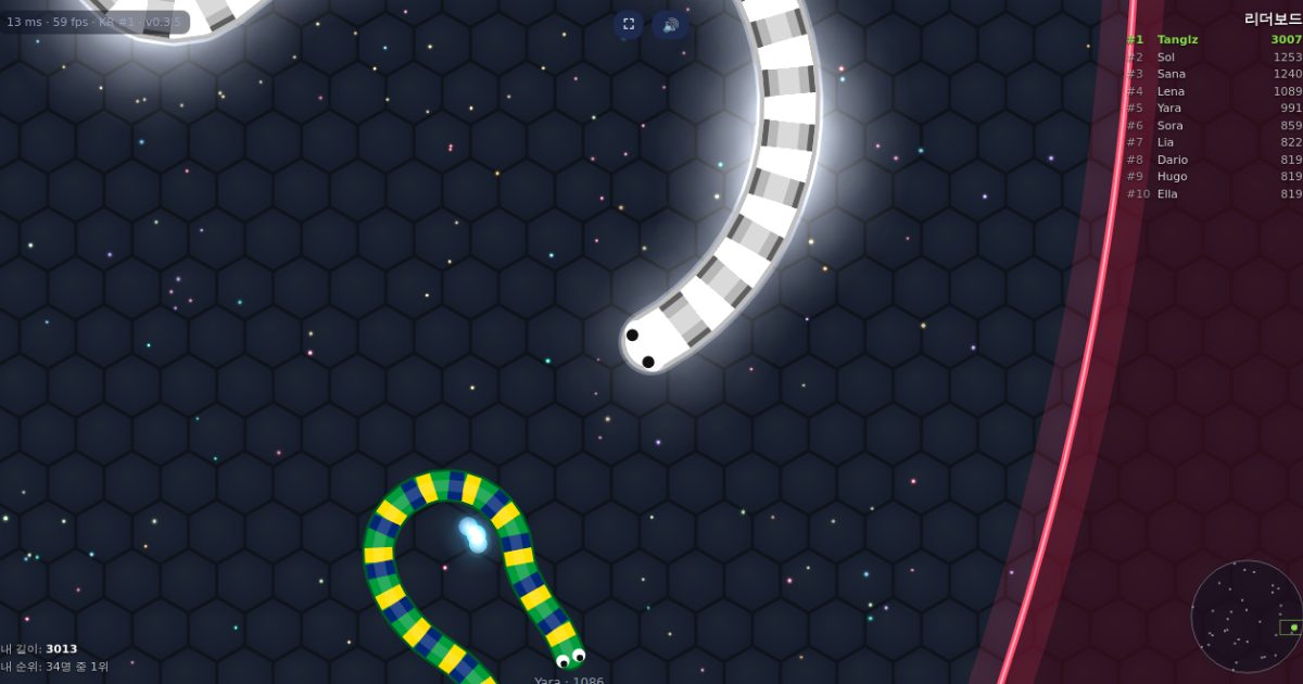 Tanglz Snake Gameplay: eine leuchtende Schlange frisst Kugeln in der Arena 2